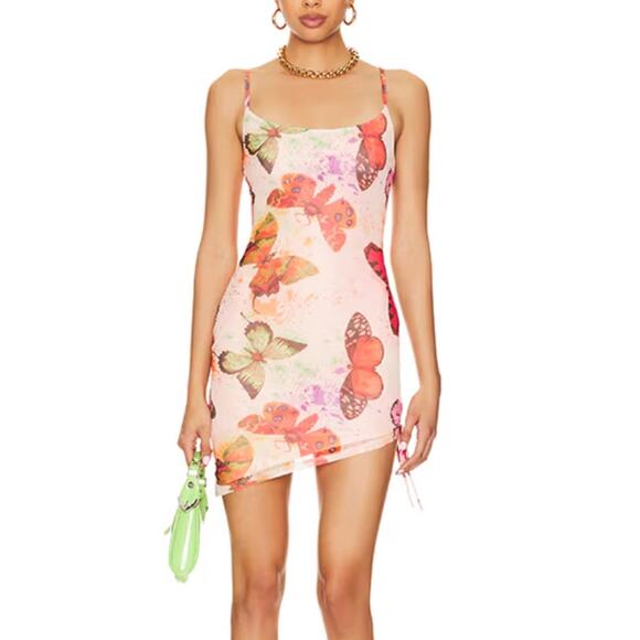 Superdown Butterfly Mini Slip Dress SMALL Bodycon Ruched Mesh Harlow $72 NEW - Picture 1 of 8